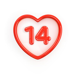 Valentine's day symbol. Red Heart Frame with the number 14 in the center. February 14 calendar date. 3d realistic gloss plastic design. Valentines Day decoration. Conceptual symbol. 3d vector object