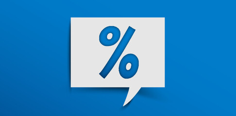 Percent sign for finance, return on investment (ROI), credit, mortgage, banking, tax, marketing, discount or promotion concepts. Percentage symbol. White cutout paper on blue background.