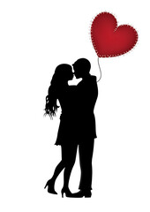 Graphic illustration of a couple in love. Man and woman are made as a black silhouette with a red balloon and stars