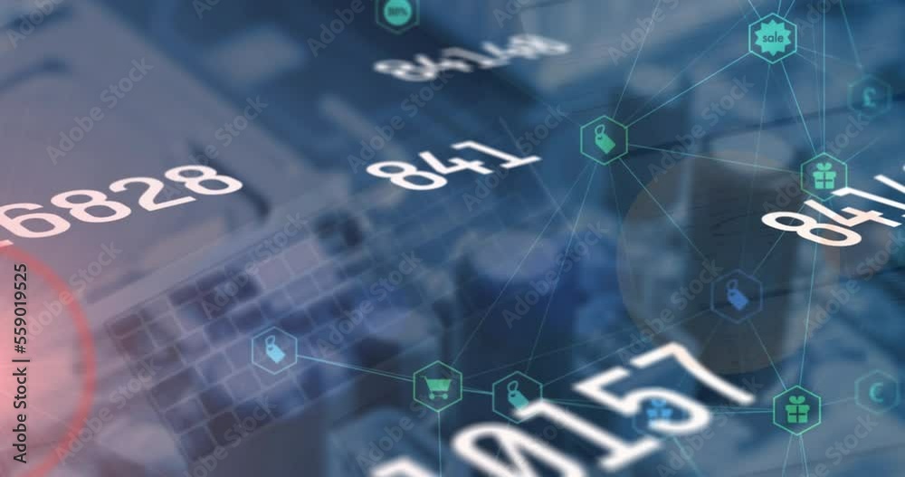 Poster animation of data processing and icons over computing board