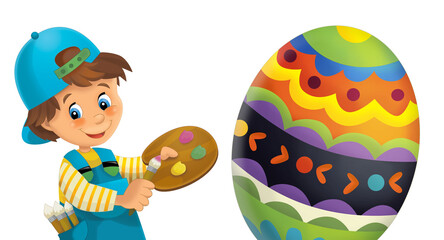 cartoon happy easter scene with colorful easter egg and little boy painting isolated illustration for children