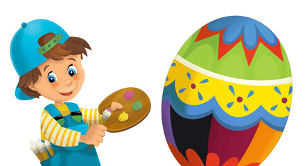 cartoon happy easter scene with colorful easter egg and little boy painting isolated illustration for children