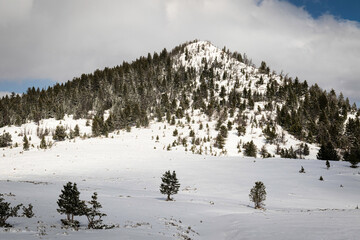 Snow covered mountain in the Rocky Mountains of Wyoming in winter