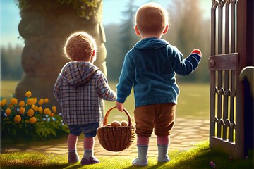 Two kids do easter egg hunt. Spring easter stylized illustration. Generative AI