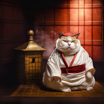 Fat cat of the Japanese Emperor of the British breed dressed in kimono sits on a bamboo mat. High resolution illustration. Generative AI. Creative digital painting.
