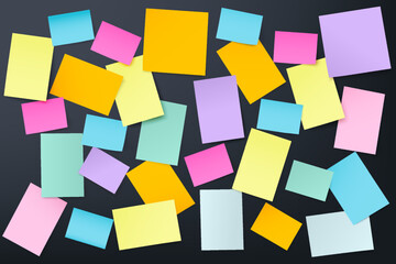 Fototapeta na wymiar Post it multicolor vector design on Dark background, Realistic blank paper stickers of different sizes and shapes. You can used for presentations layout, taking notes, message or authors declare.