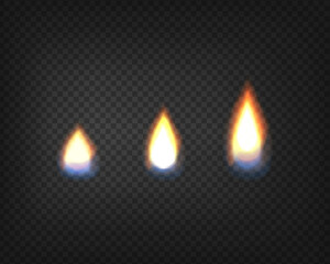 Fire candle. Realistic Fire Flames with smoke, blue fire and sparkles transparent on dark background. Burning red wildfire flames set, burn bonfire silhouette and blazing fiery spurts of flame