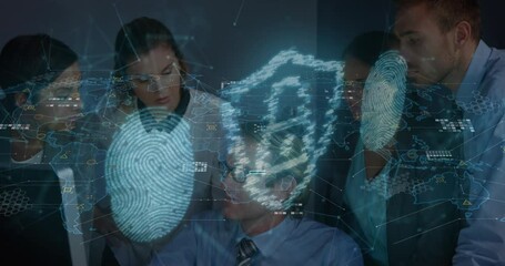 Animation of fingerprints, padlock in shield over diverse coworkers discussing report on laptop - Powered by Adobe