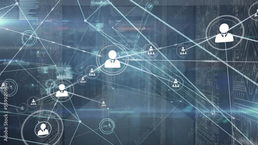 Poster animation of computer servers with icons and network of connections