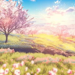 Plakat illustration of a fantasy spring world with bright sun and cherry blossoms. High quality illustration