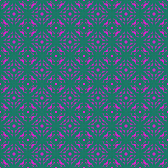 seamless pattern with floral ornaments of green color in folk style on a purple background, vector seamless pattern
