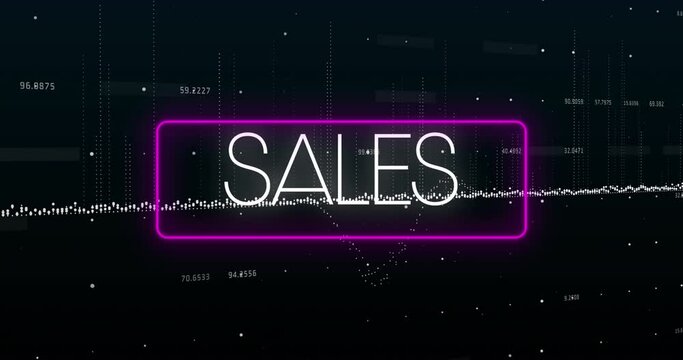 Animation of sales text in rectangle and graphs with increasing numbers against black background