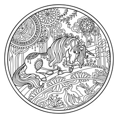 Beautiful decorative unicorn coloring vector illustration circle © alinart