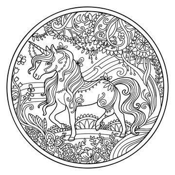 Beautiful ornate unicorn circle coloring vector illustration