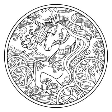 Beautiful ornate unicorn head coloring vector illustration circle