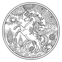 Beautiful tangle unicorn coloring vector illustration circle © alinart