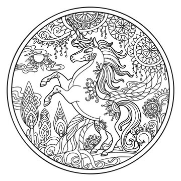Beautiful tangle unicorn coloring vector illustration circle