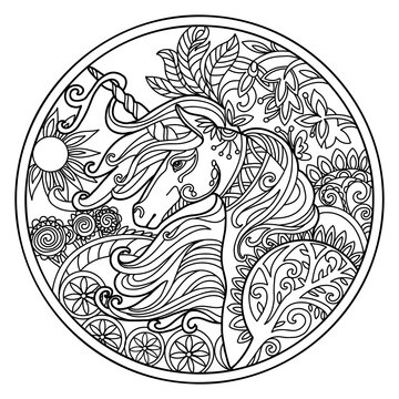 Beautiful ornate head of unicorn coloring vector illustration