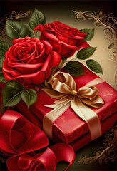 Valentines day romantic background red roses and gift 21 with Generative AI