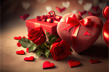 Valentines day romantic background red roses and gift 13 with Generative AI