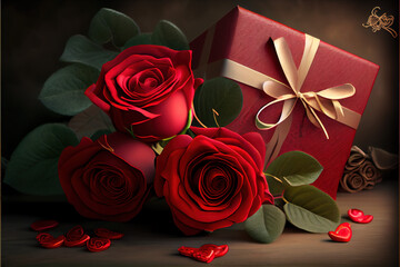 Valentines day romantic background red roses and gift 10 with Generative AI