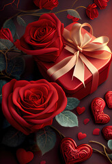 Valentines day romantic background red roses and gift 7 with Generative AI