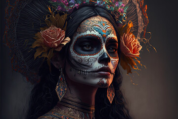 3D illustration of a beautiful woman dressed for Mexican Day of the Dead.AI generated image, no models of real people were used