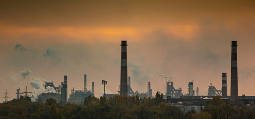 Gas, steam and smoke. Industrial chimneys time lapse. Metallurgical industrial factory. Poisoned air. Epic pollution of nature. Toxic substances.