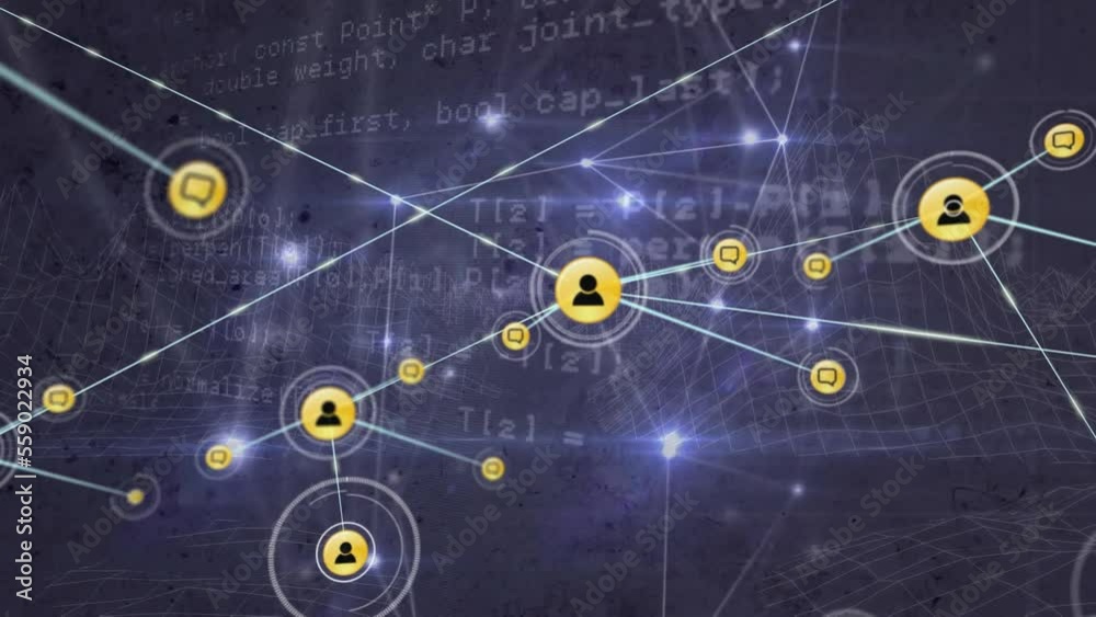 Poster animation of connected icons and dots against programming language in background