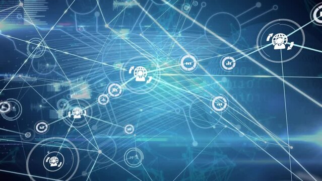 Animation of connected icons and dots with lens flares, binary codes and circuit board pattern