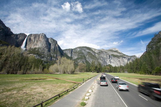 Scenic image of traffic and the park loop running through Yosemite National Park, CA.