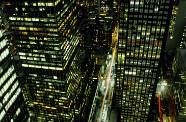 A view from above and at night of skyscrapers, New York City, New York.