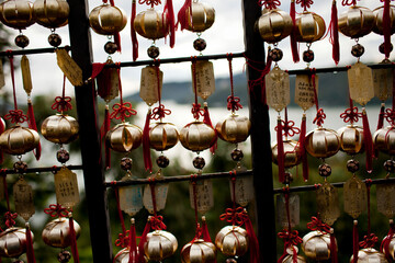 Bells and plates inscribed blessings and wishes line a path to Sun Moon Lake in West Central Taiwan, October 21, 2010.