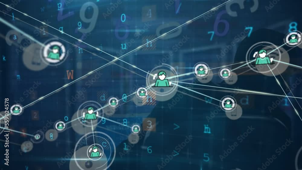 Poster animation of network of connections with icons and data processing over server room and hacker