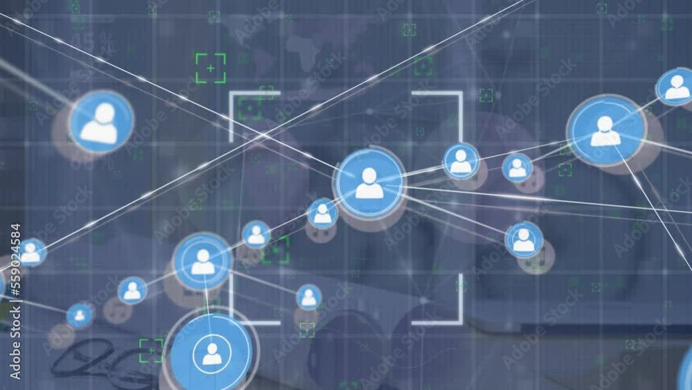 Poster animation of network of connections with icons and data processing over desk in office