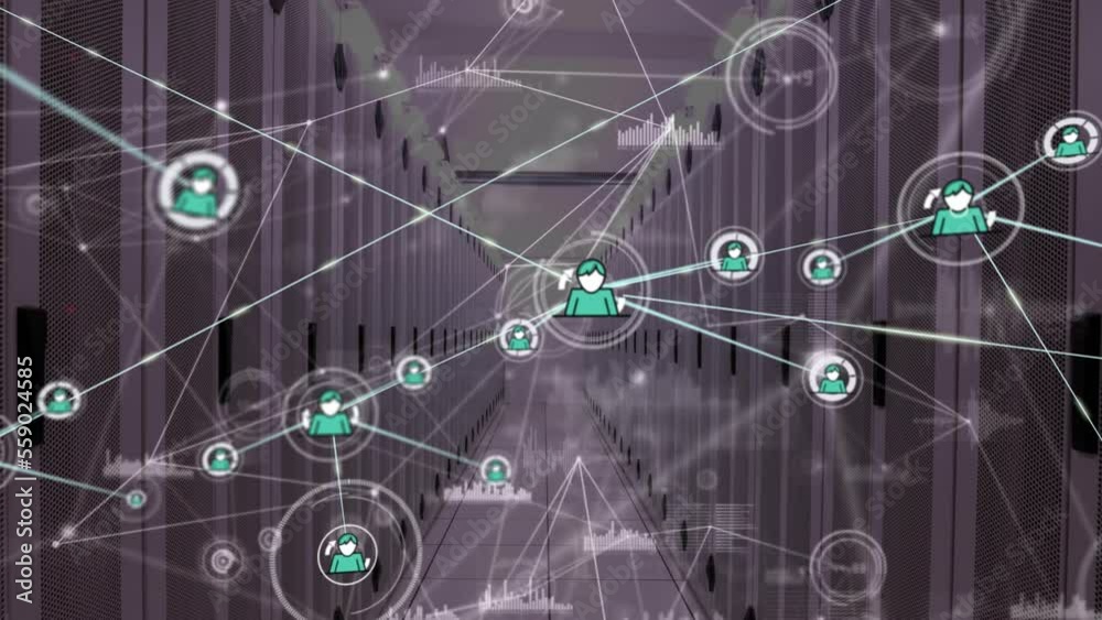 Poster animation of network of connections with icons and data processing over server room