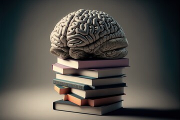 Brain lies on stack of books, concept of knowledge, education, university, created with Generative AI technology