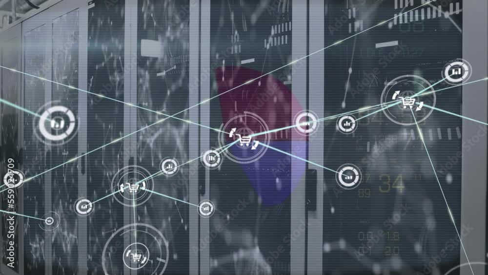 Poster animation of network of connections with icons and data processing over server room