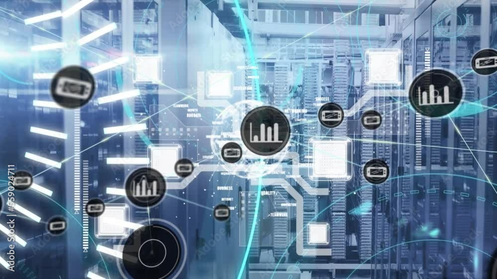 Poster animation of network of connections with icons and data processing over server room