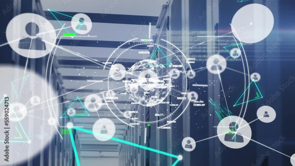 Poster animation of network of connections with icons and data processing over server room