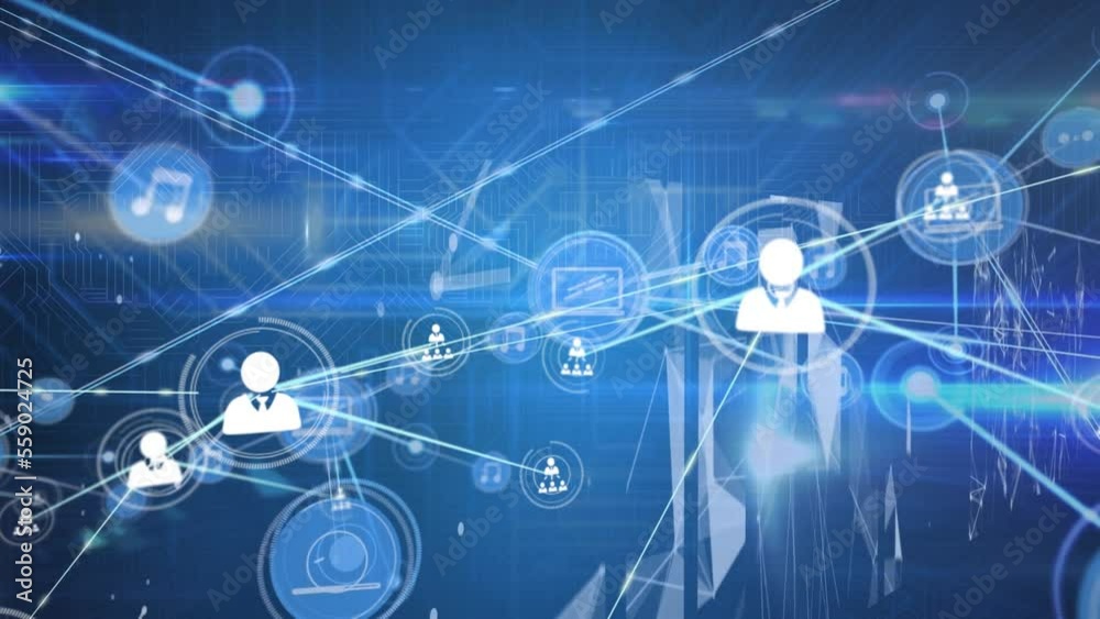 Poster animation of network of connections with icons and data processing over blue background