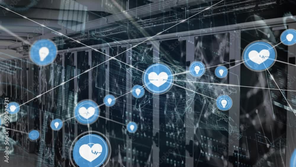 Poster animation of network of connections with icons and data processing over server room