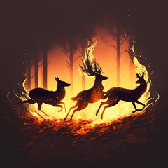 Fire in the forest running animals, created with Generative AI technology