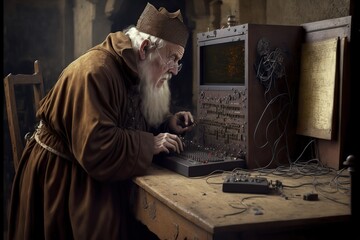 Medieval scientist inventing a computer, created with Generative AI technology