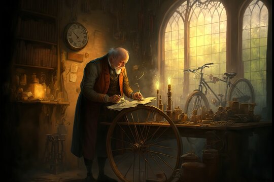 Medieval scientist inventing a bicycle, created with Generative AI technology