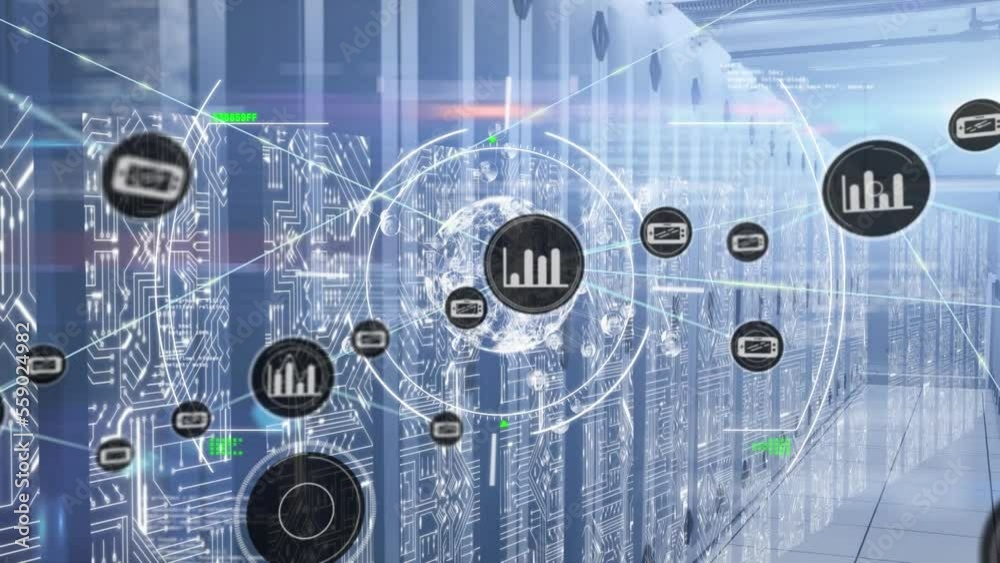Poster animation of network of connections with icons and data processing over server room