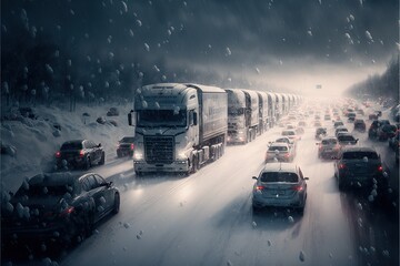 Traffic jam on the road covered with snow during a st, created with Generative AI technology