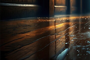 Wet wooden floor, created with Generative AI technology