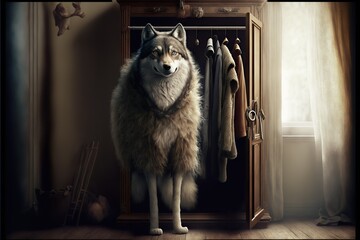 Wolf stands in front of the wardrobe and selects a sheep's clothing, concept of someone or something that seems to be good but is actually not good, bad, created with Generative AI technology