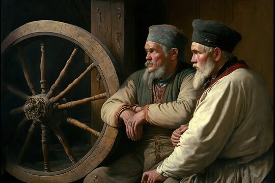 Two 19th century russian peasants looking at the wheel, concept of Nikolai Gogol Dead Souls, created with Generative AI technology